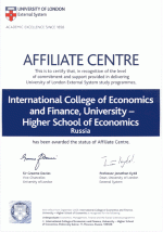Сертификат о присвоении МИЭФ статуса Уполномоченного центра Внешней программы Лондонского университета